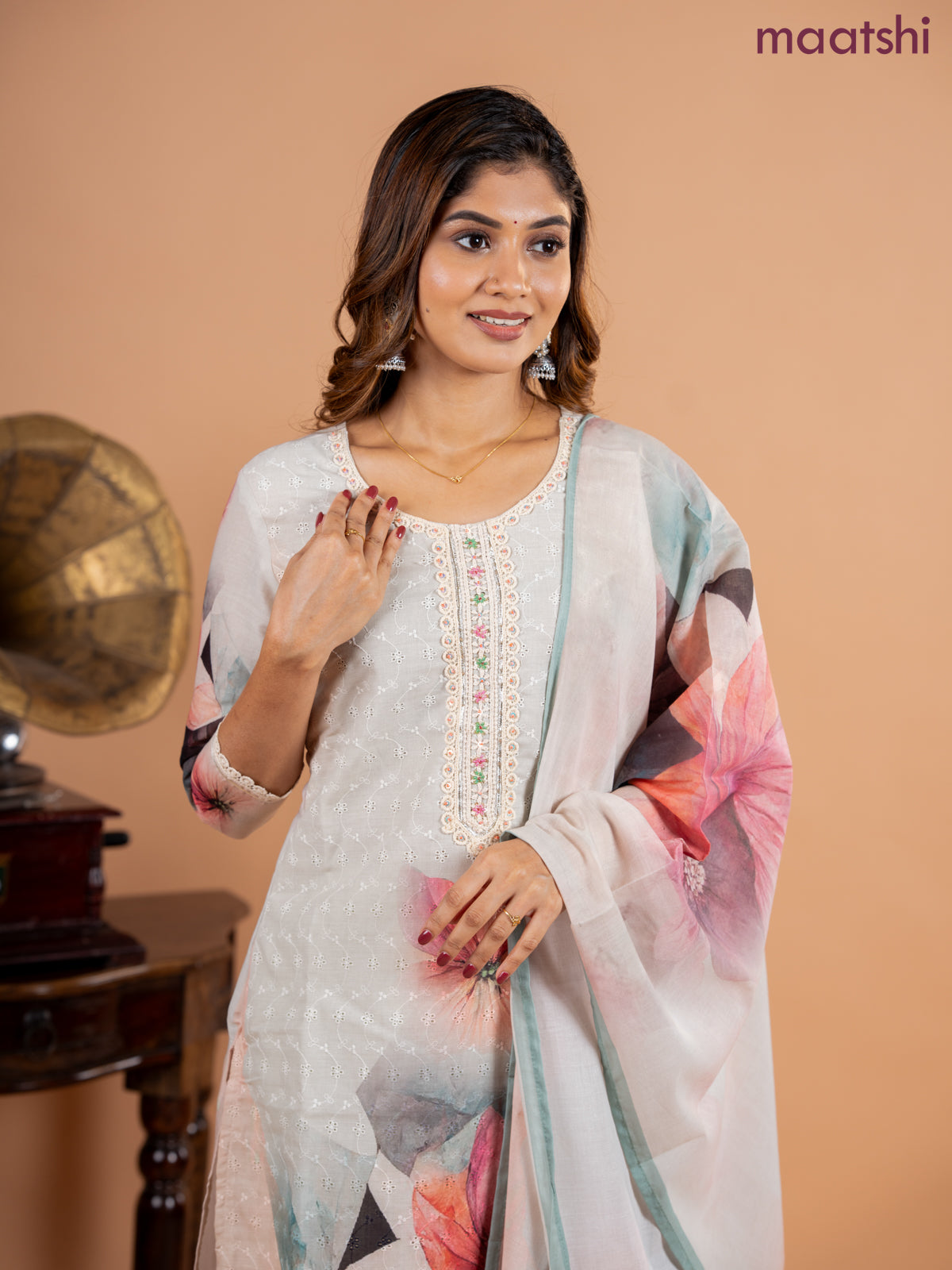 Placement salwar suit mild pista green with allover hakoba work & embroidery sequin work v neck pattern and straight cut pant & printed dupatta