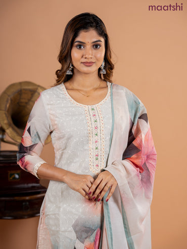 Placement salwar suit mild pista green with allover hakoba work & embroidery sequin work v neck pattern and straight cut pant & printed dupatta