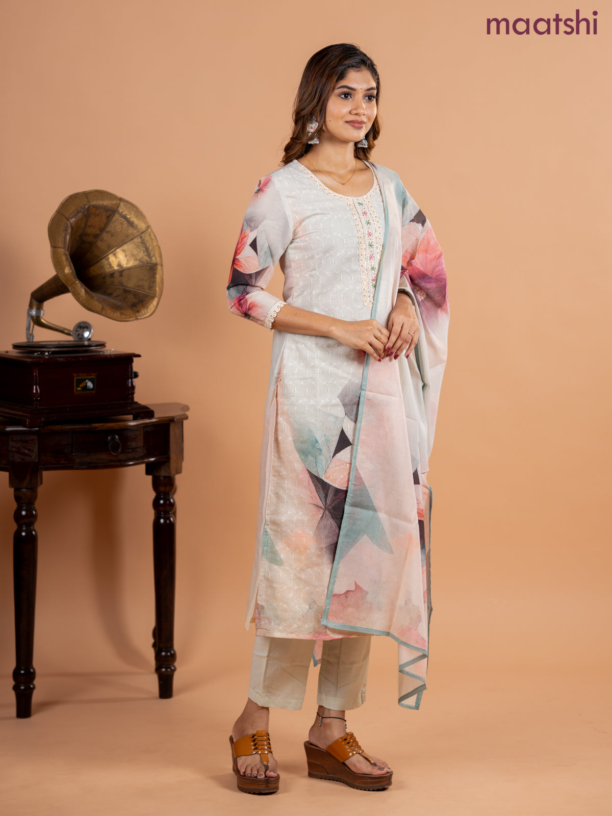 Placement salwar suit mild pista green with allover hakoba work & embroidery sequin work v neck pattern and straight cut pant & printed dupatta