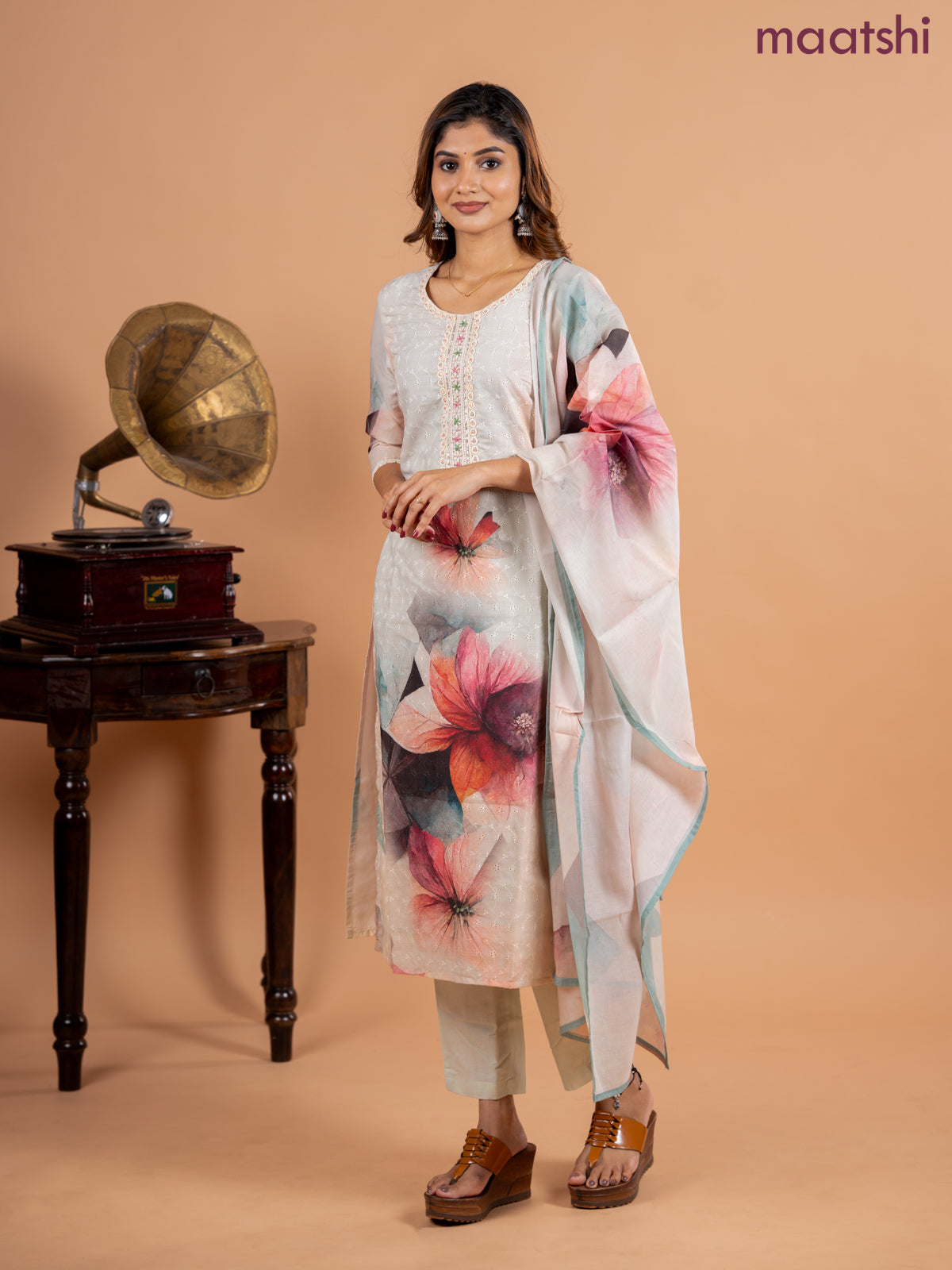 Placement salwar suit mild pista green with allover hakoba work & embroidery sequin work v neck pattern and straight cut pant & printed dupatta