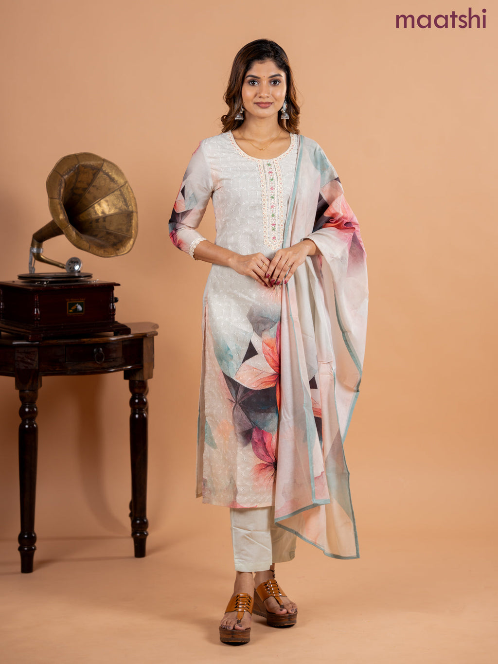 Placement salwar suit mild pista green with allover hakoba work & embroidery sequin work v neck pattern and straight cut pant & printed dupatta