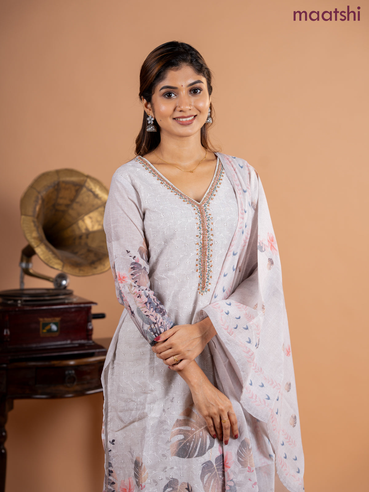 Placement salwar suit grey with allover hakoba work & embroidery sequin work v neck pattern and straight cut pant & printed dupatta