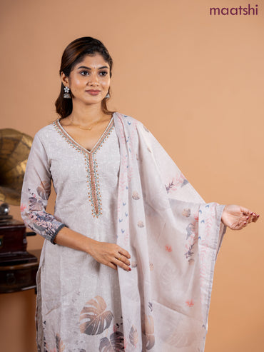 Placement salwar suit grey with allover hakoba work & embroidery sequin work v neck pattern and straight cut pant & printed dupatta