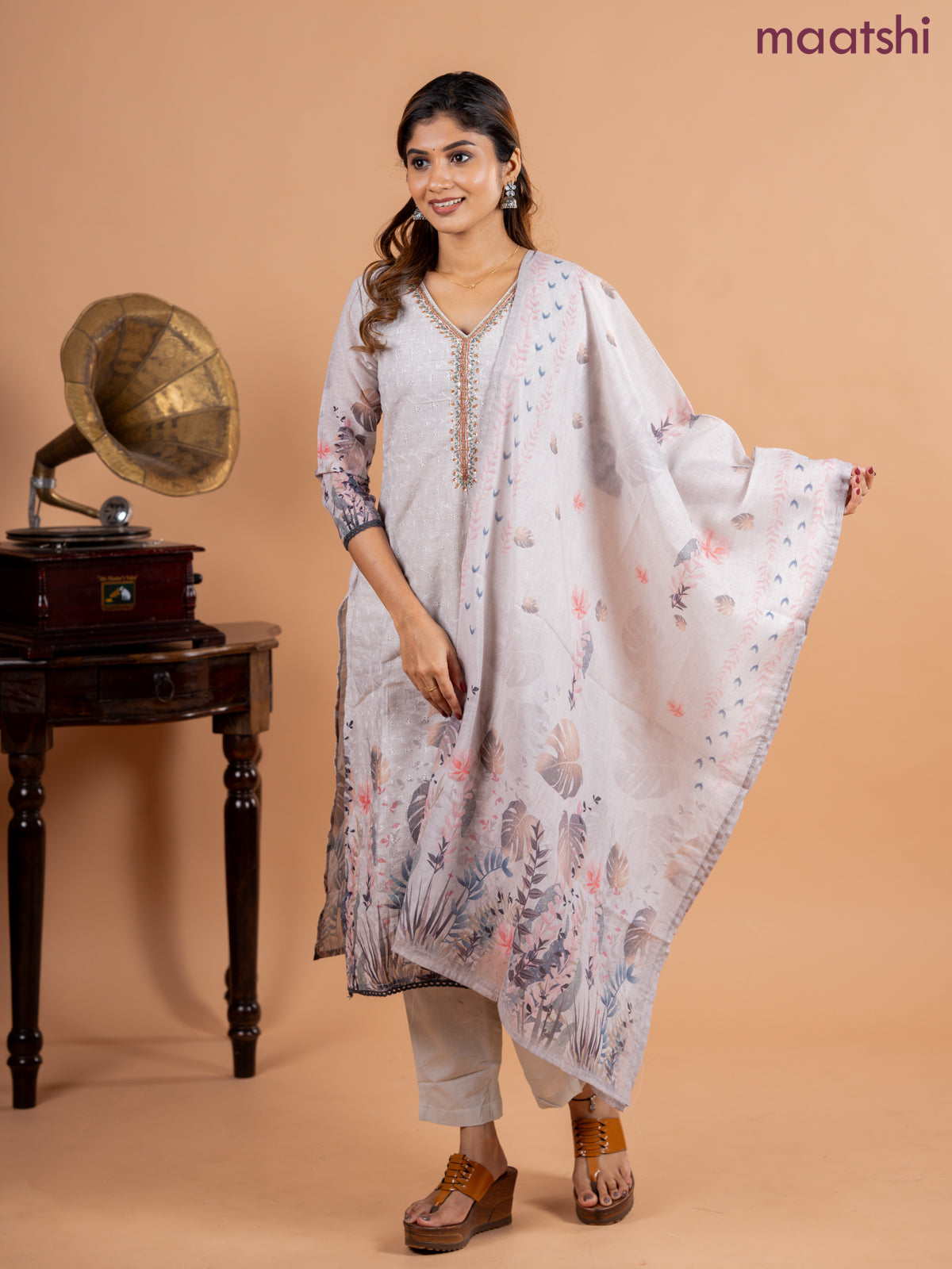 Placement salwar suit grey with allover hakoba work & embroidery sequin work v neck pattern and straight cut pant & printed dupatta