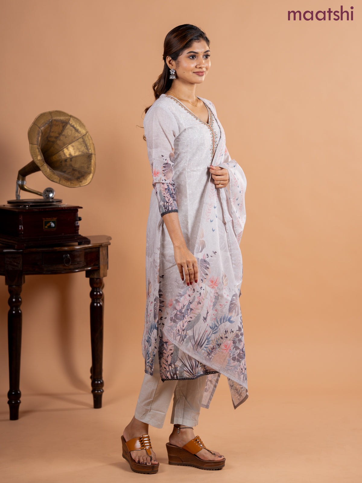 Placement salwar suit grey with allover hakoba work & embroidery sequin work v neck pattern and straight cut pant & printed dupatta