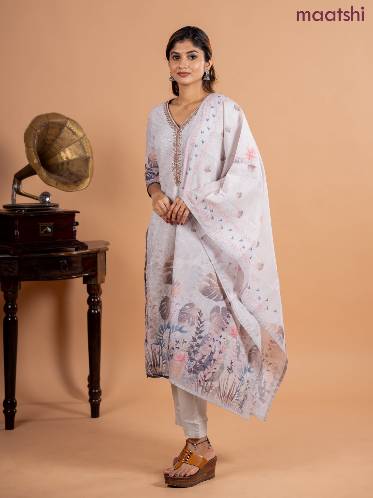 Placement salwar suit grey with allover hakoba work & embroidery sequin work v neck pattern and straight cut pant & printed dupatta