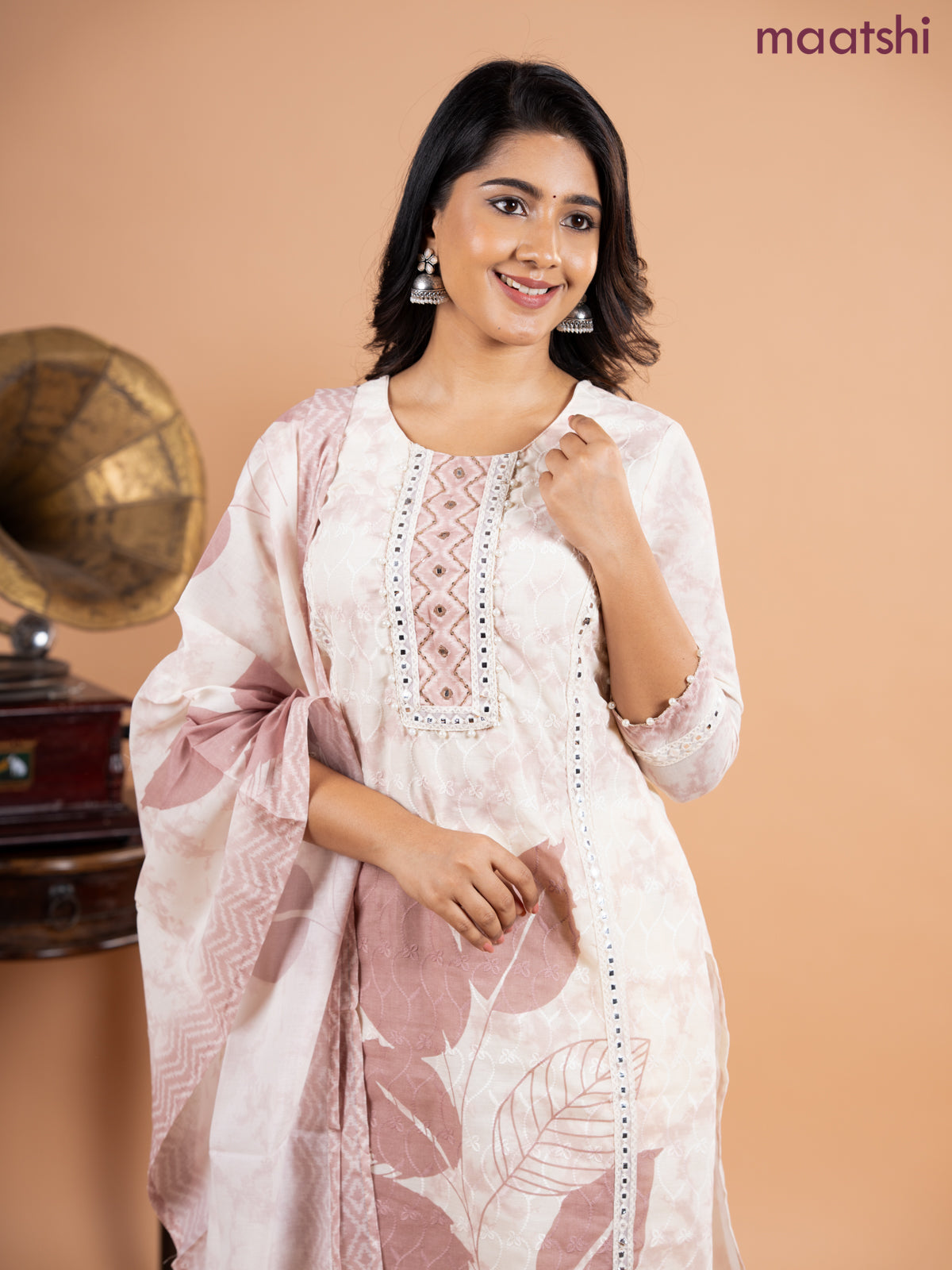 Placement salwar suit cream and pastel brown with allover embroidery work & beaded lace work neck pattern and straight cut pant & printed dupatta