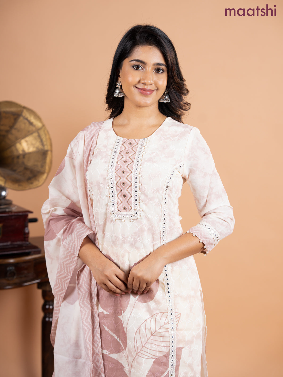 Placement salwar suit cream and pastel brown with allover embroidery work & beaded lace work neck pattern and straight cut pant & printed dupatta