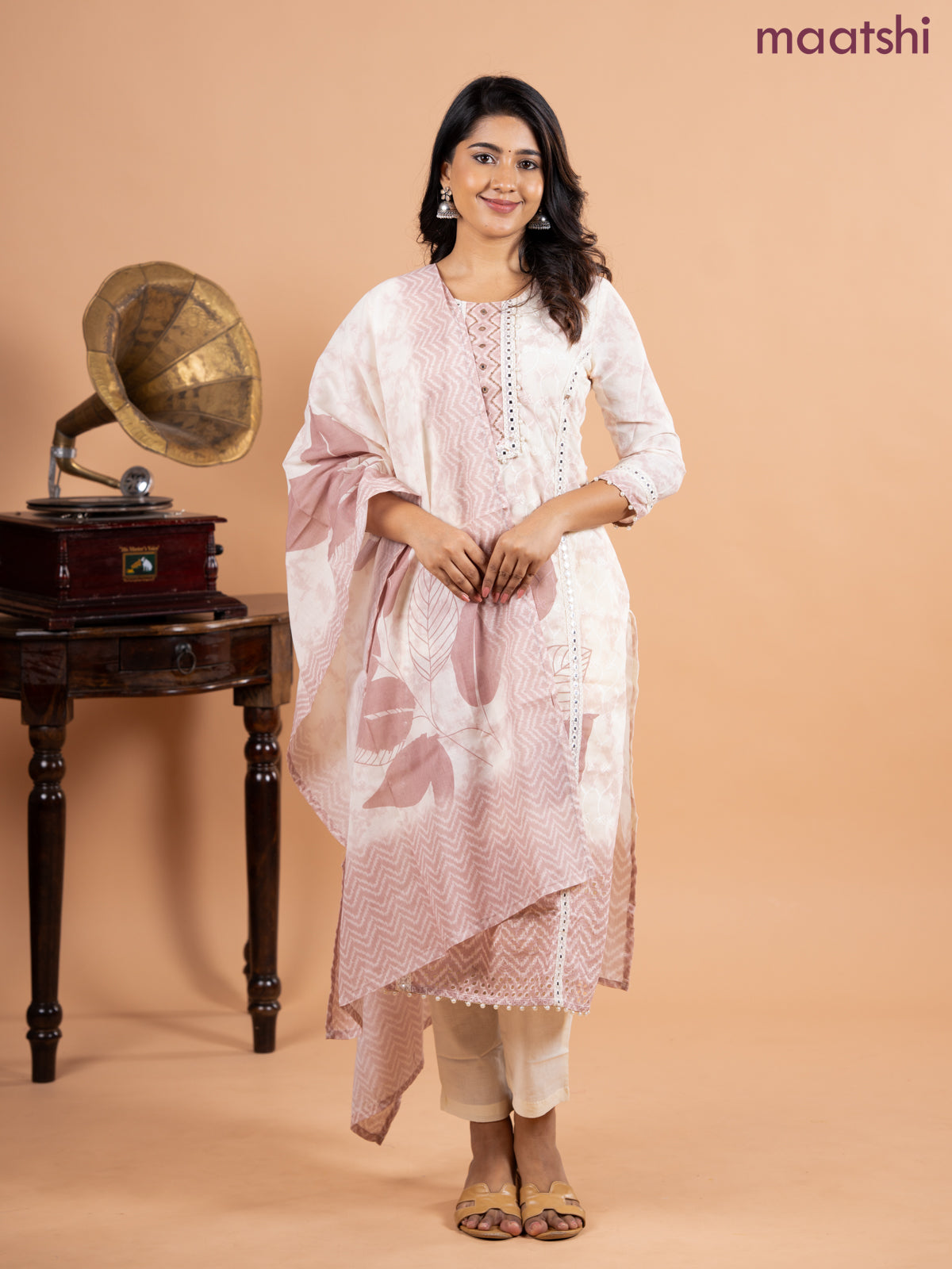 Placement salwar suit cream and pastel brown with allover embroidery work & beaded lace work neck pattern and straight cut pant & printed dupatta