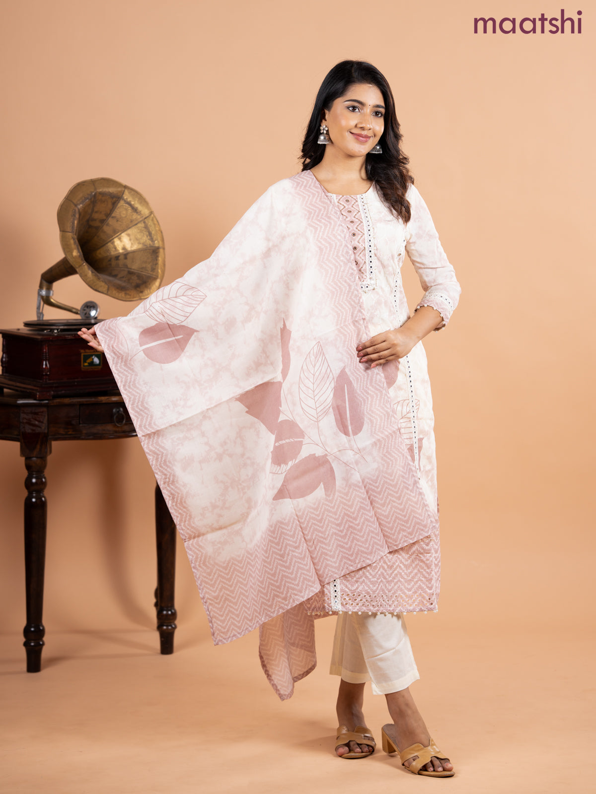 Placement salwar suit cream and pastel brown with allover embroidery work & beaded lace work neck pattern and straight cut pant & printed dupatta