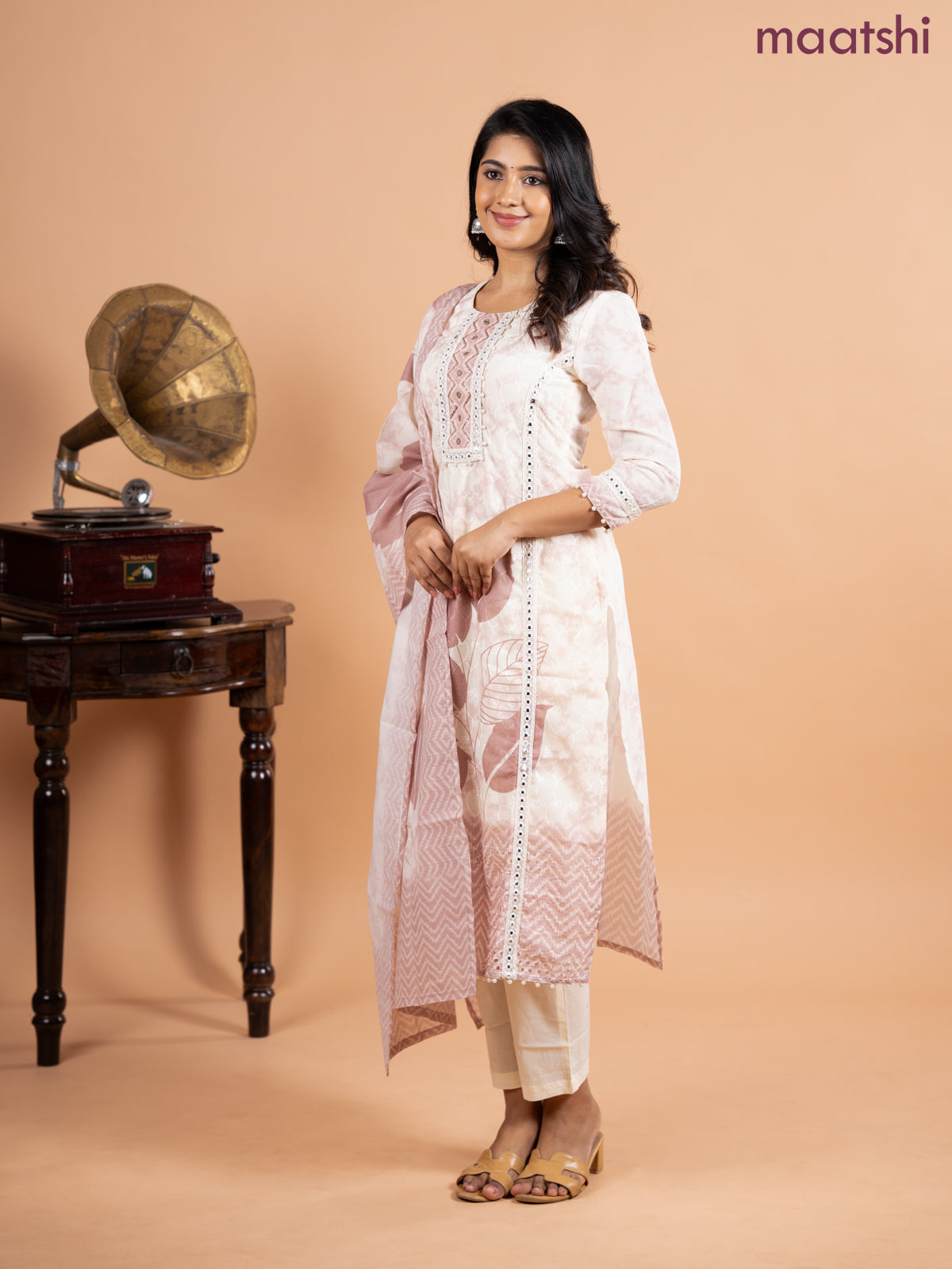 Placement salwar suit cream and pastel brown with allover embroidery work & beaded lace work neck pattern and straight cut pant & printed dupatta