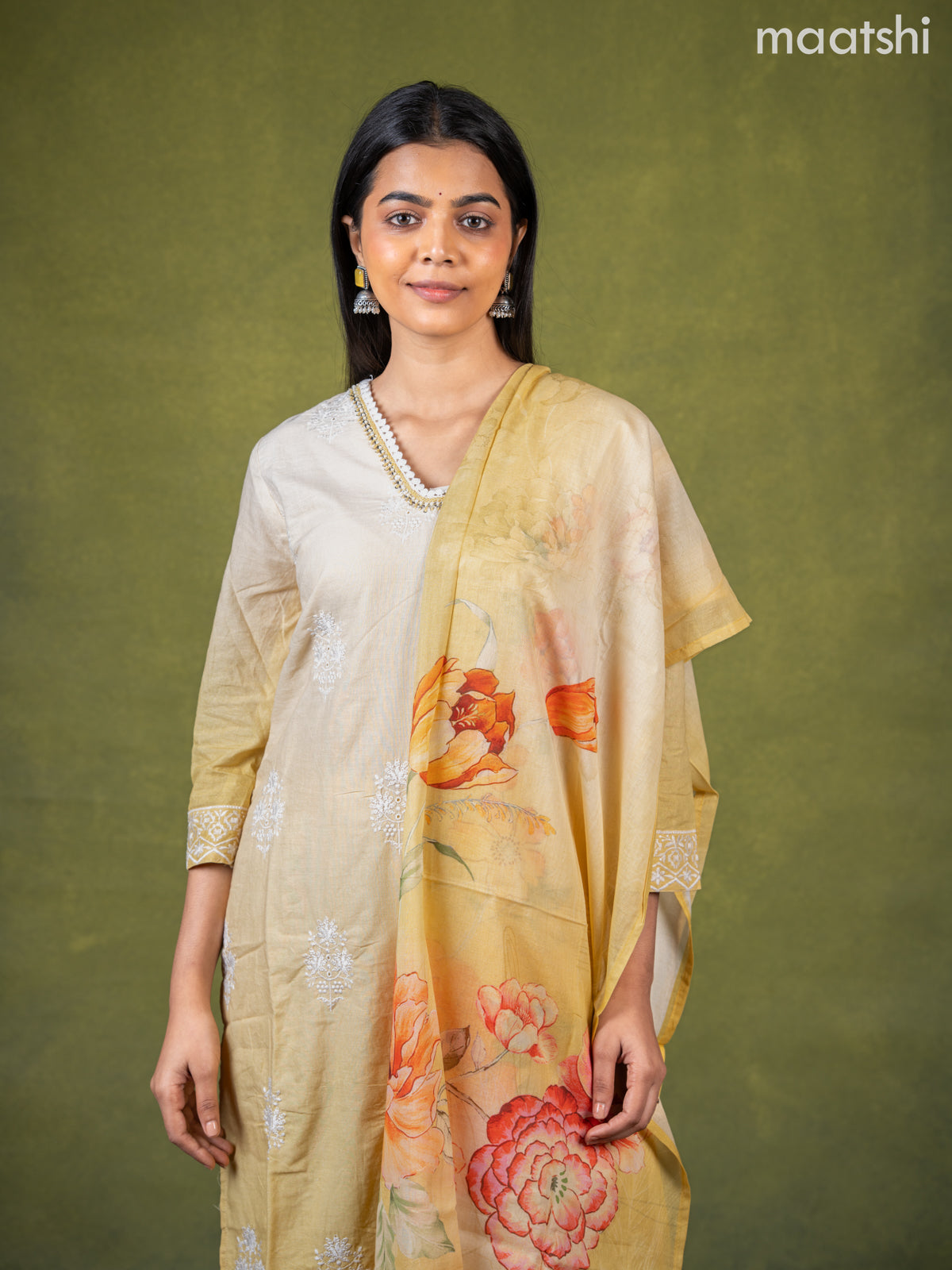 Cotton salwar suit cream and pale yellow with embroidery work buttas & sequin lace work neck pattern and straight cut pant & dupatta