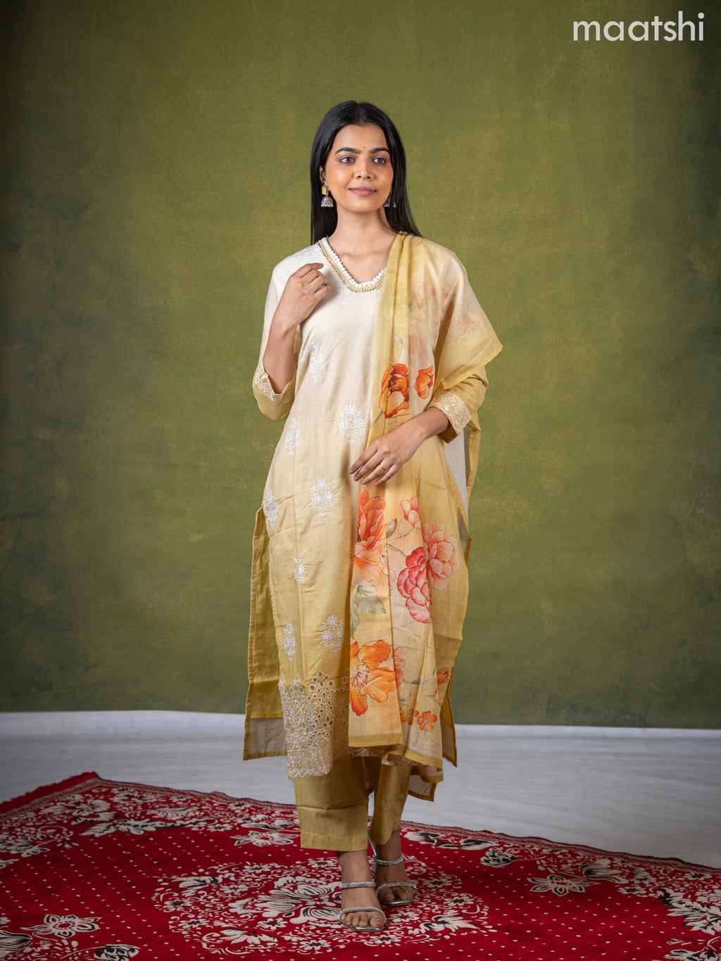 Cotton salwar suit cream and pale yellow with embroidery work buttas & sequin lace work neck pattern and straight cut pant & dupatta
