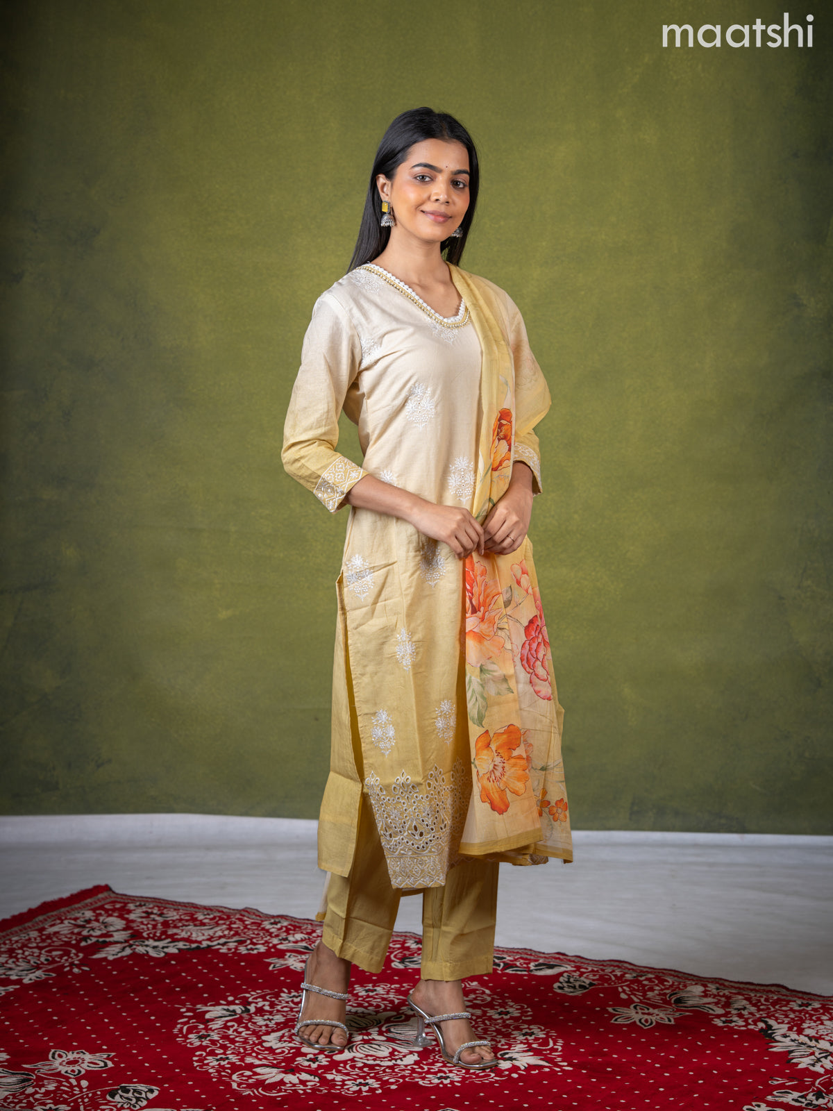 Cotton salwar suit cream and pale yellow with embroidery work buttas & sequin lace work neck pattern and straight cut pant & dupatta