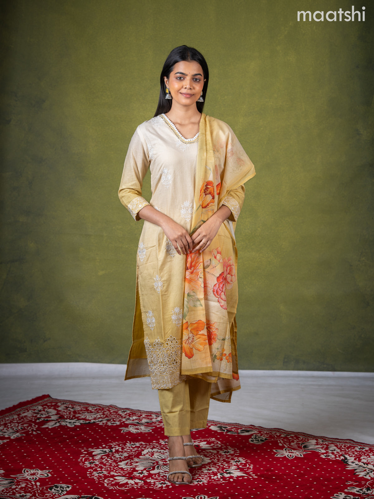 Cotton salwar suit cream and pale yellow with embroidery work buttas & sequin lace work neck pattern and straight cut pant & dupatta