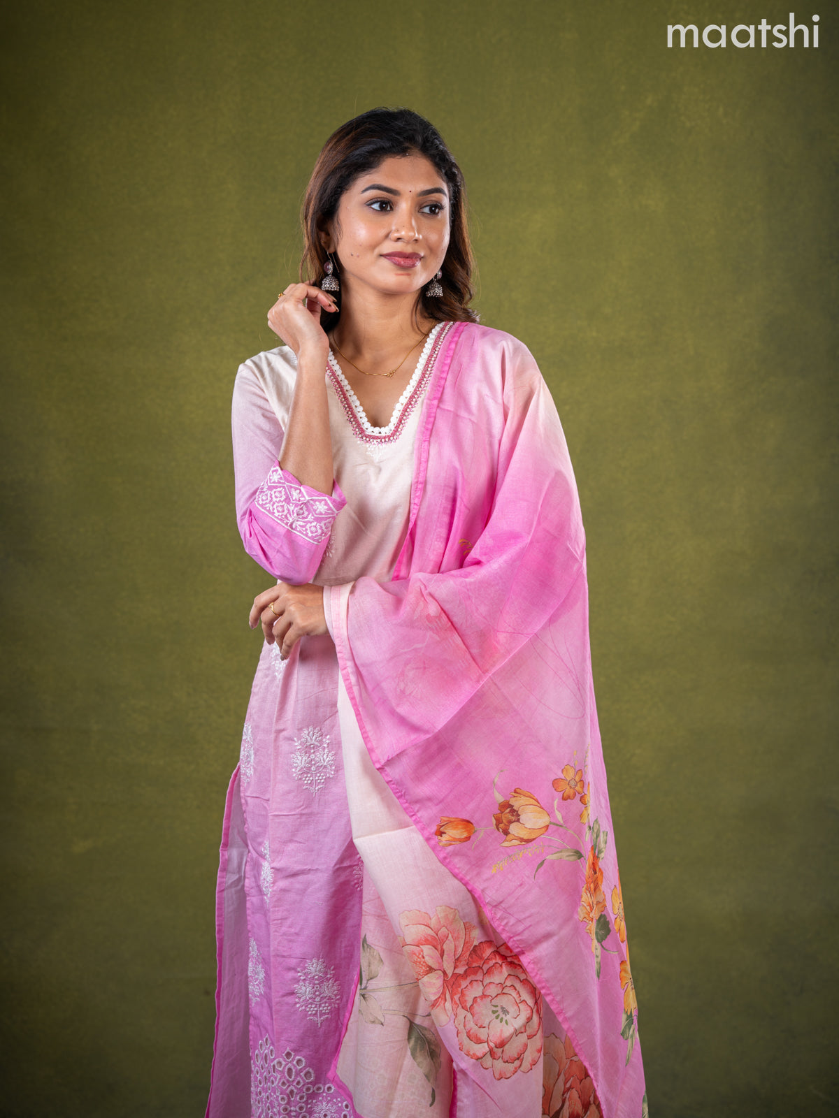 Cotton salwar suit cream and pink with embroidery work buttas & sequin lace work neck pattern and straight cut pant & dupatta