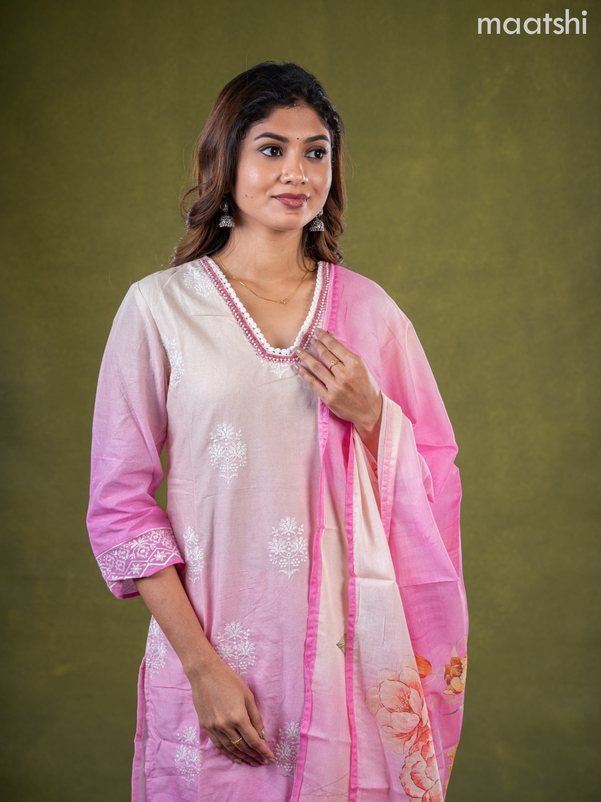 Cotton salwar suit cream and pink with embroidery work buttas & sequin lace work neck pattern and straight cut pant & dupatta