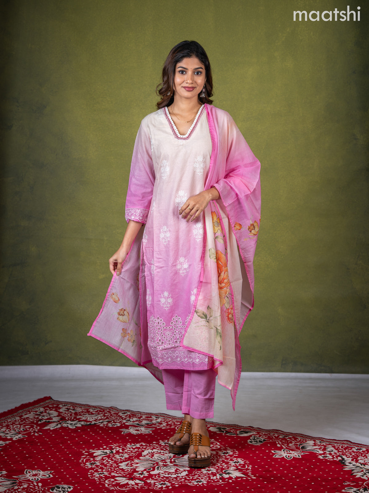 Cotton salwar suit cream and pink with embroidery work buttas & sequin lace work neck pattern and straight cut pant & dupatta