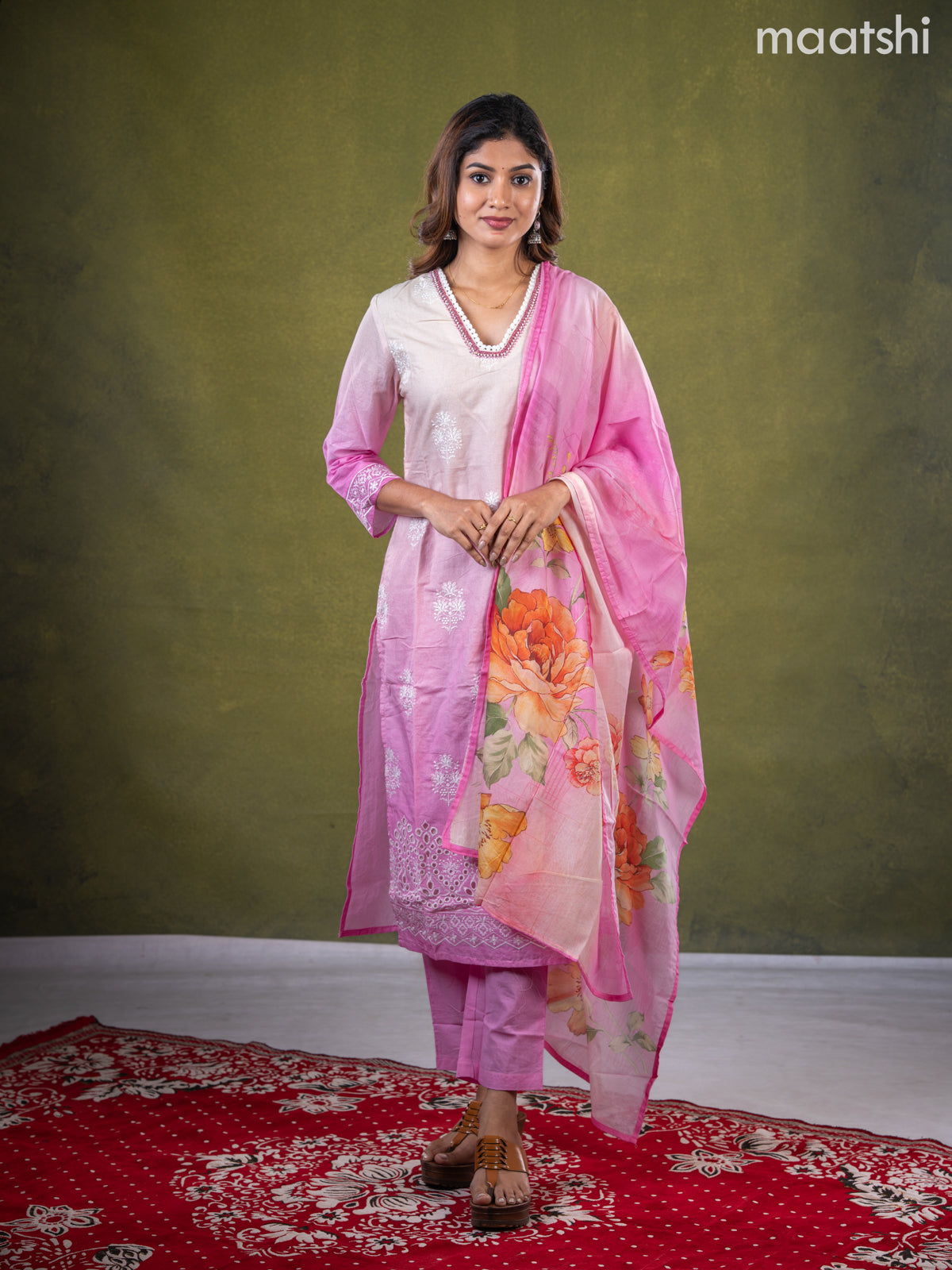 Cotton salwar suit cream and pink with embroidery work buttas & sequin lace work neck pattern and straight cut pant & dupatta