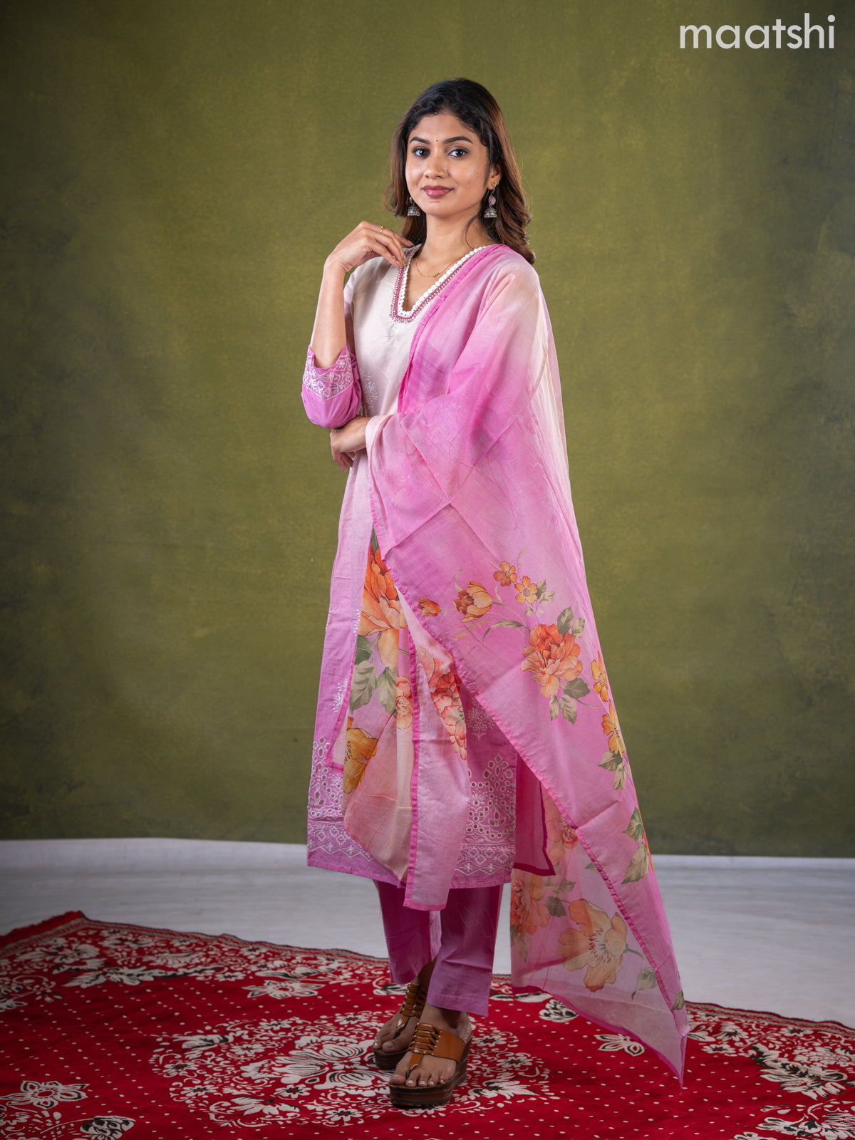 Cotton salwar suit cream and pink with embroidery work buttas & sequin lace work neck pattern and straight cut pant & dupatta