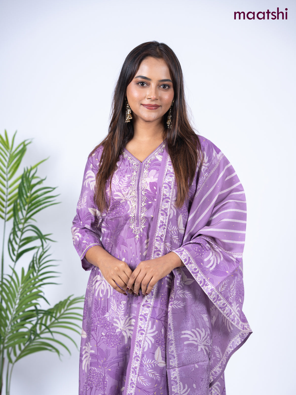 Crepe salwar suit lavender with allover floral prints & embroidery sequin work v neck pattern and straight cut pant & dupatta
