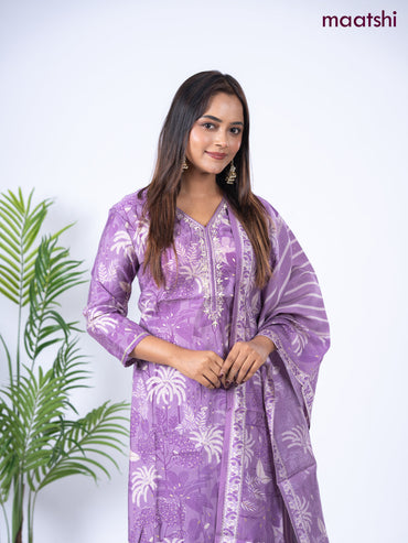 Crepe salwar suit lavender with allover floral prints & embroidery sequin work v neck pattern and straight cut pant & dupatta