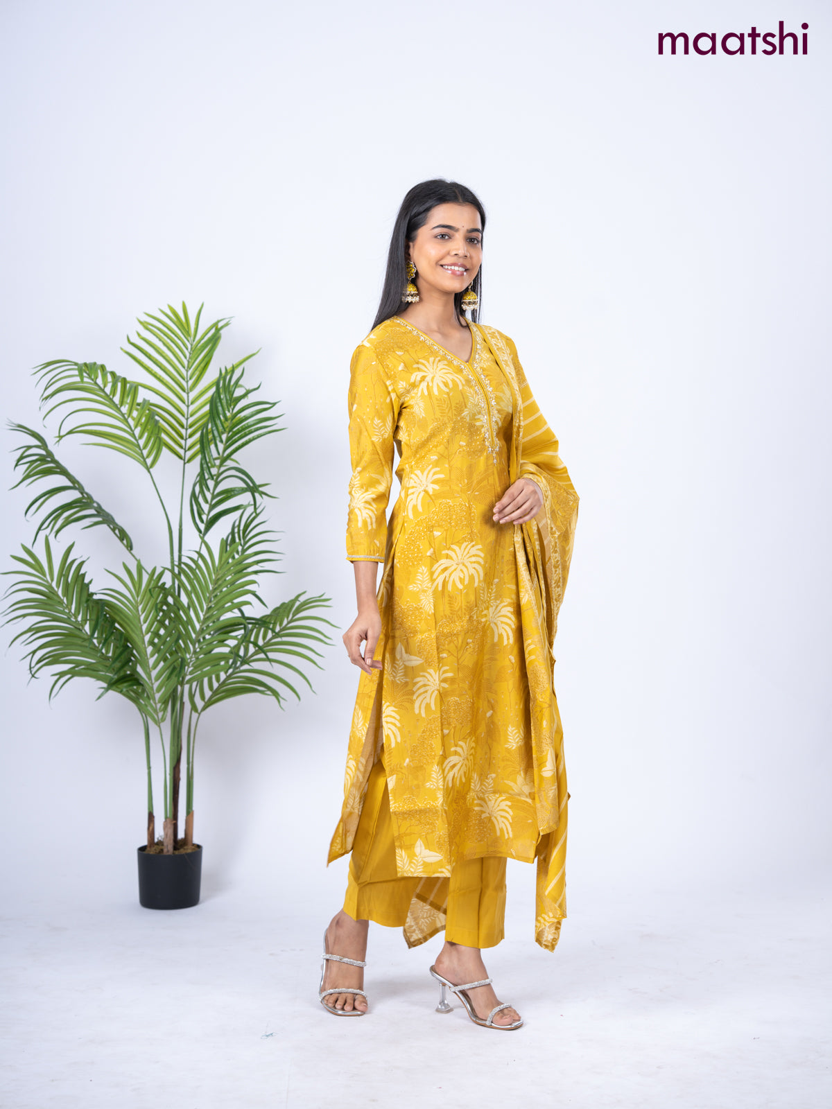 Crepe salwar suit mustard yellow with allover floral prints & embroidery sequin work v neck pattern and straight cut pant & dupatta