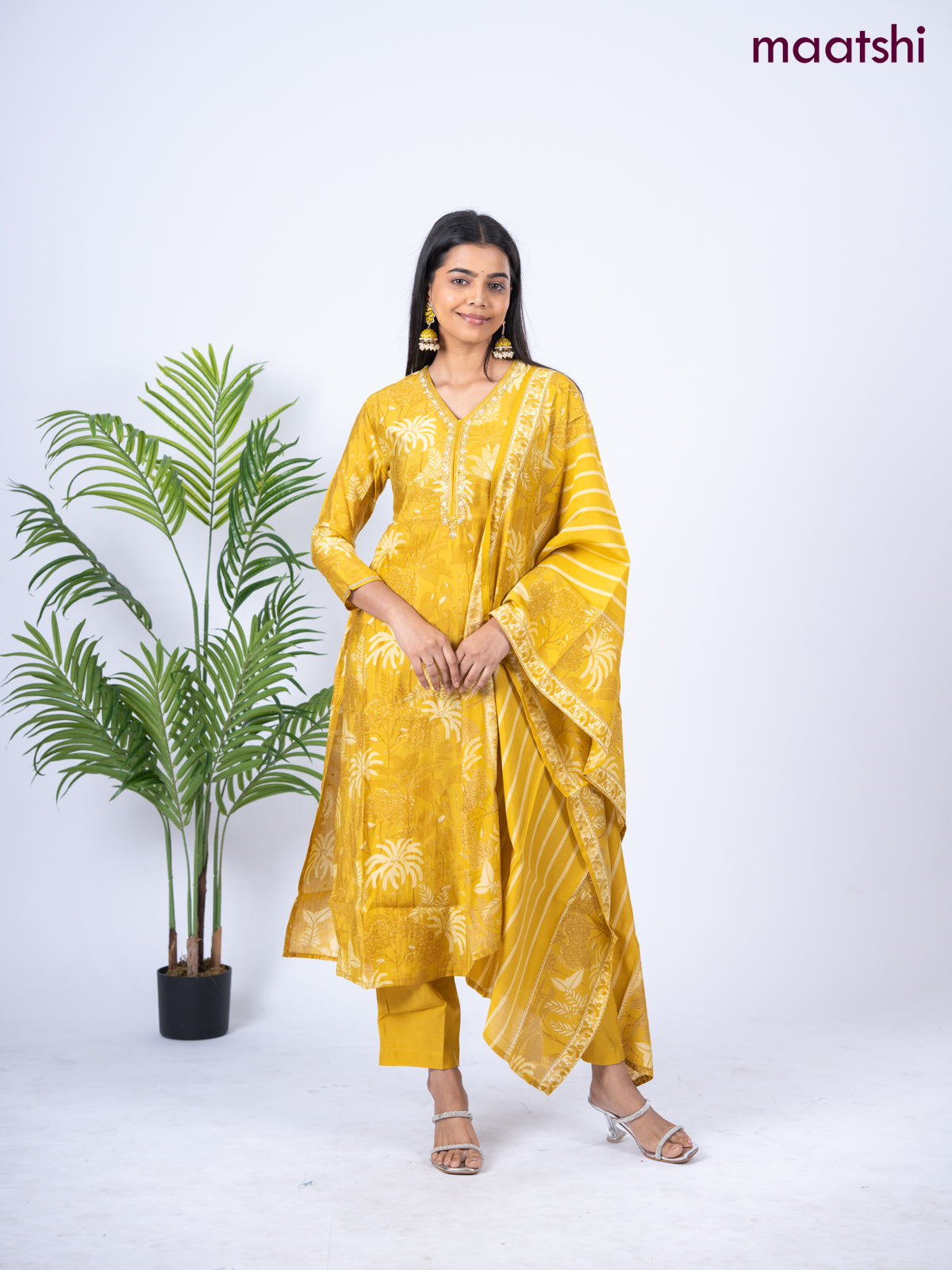 Crepe salwar suit mustard yellow with allover floral prints & embroidery sequin work v neck pattern and straight cut pant & dupatta