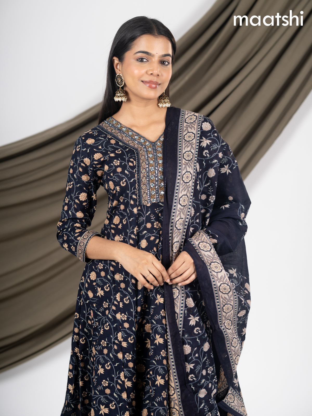 Anarkali salwar suit deep navy blue with allover prints & beaded sequin work neck pattern and straight cut pant & dupatta