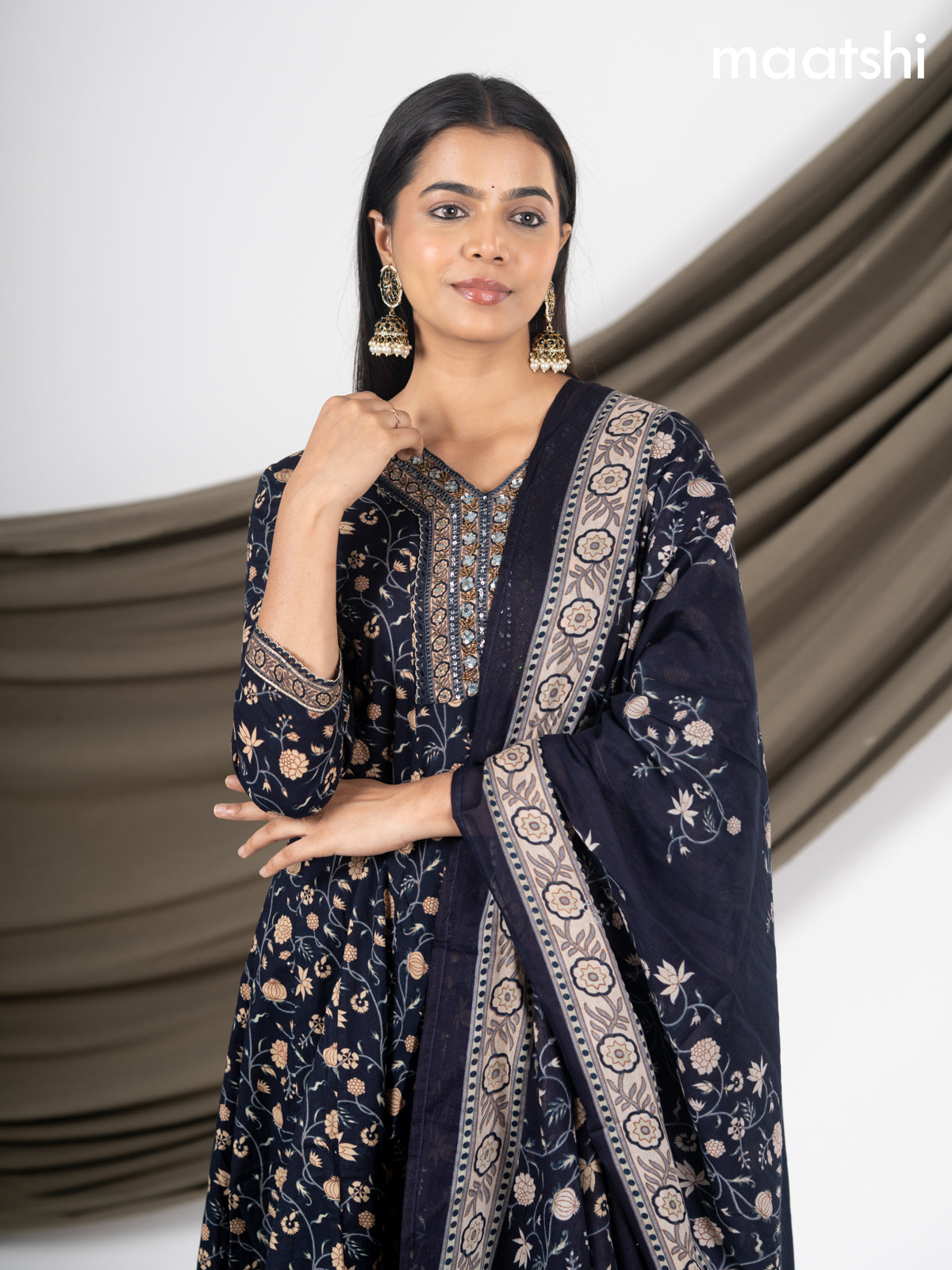 Anarkali salwar suit deep navy blue with allover prints & beaded sequin work neck pattern and straight cut pant & dupatta