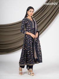 Anarkali salwar suit deep navy blue with allover prints & beaded sequin work neck pattern and straight cut pant & dupatta