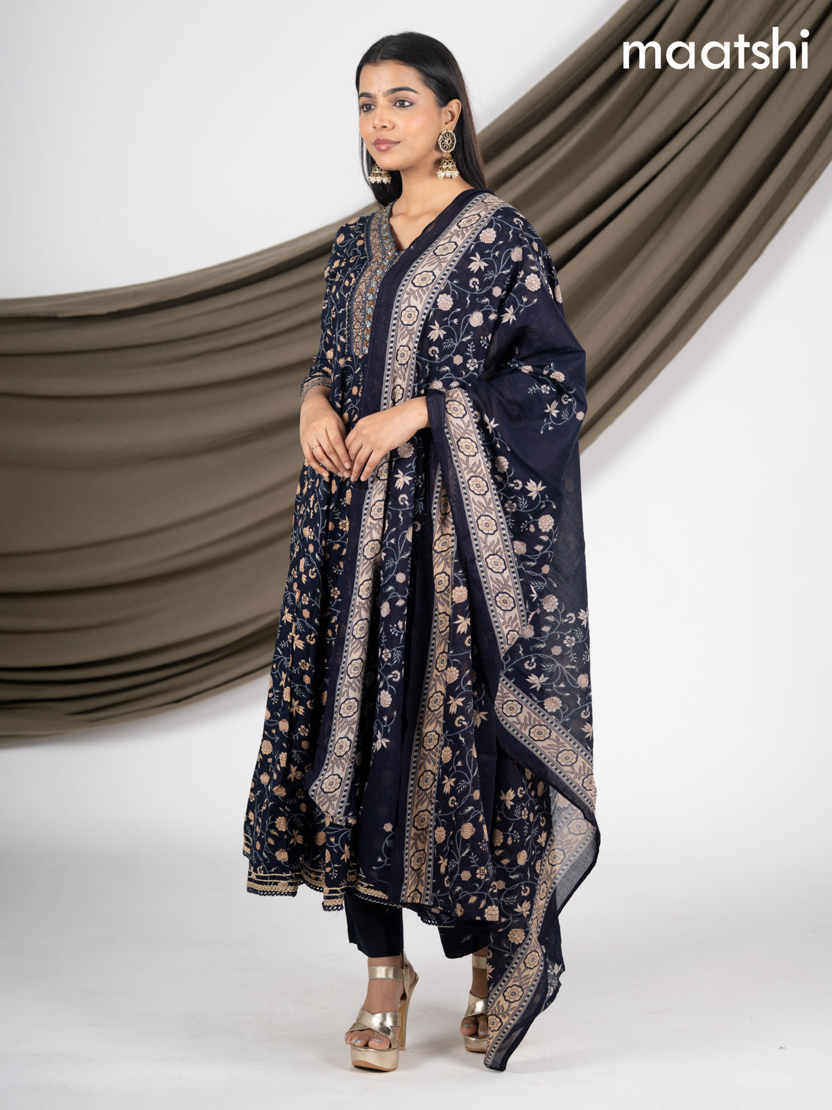 Anarkali salwar suit deep navy blue with allover prints & beaded sequin work neck pattern and straight cut pant & dupatta
