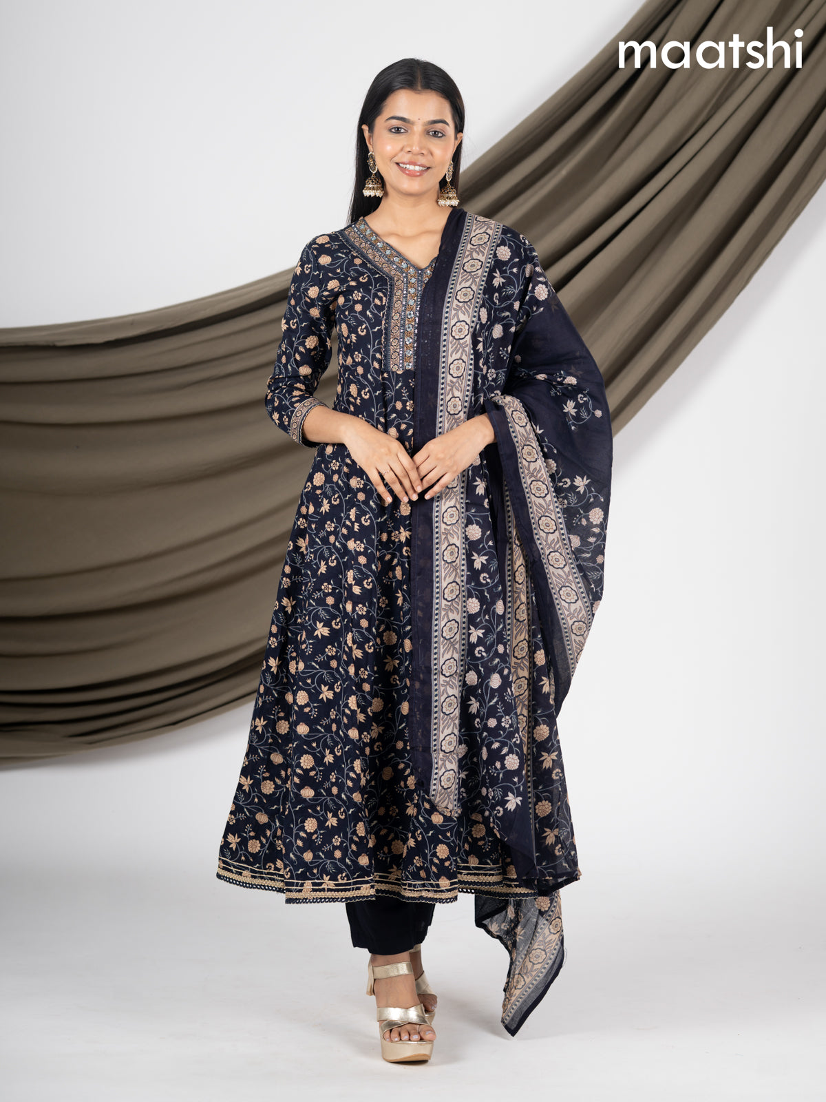 Anarkali salwar suit deep navy blue with allover prints & beaded sequin work neck pattern and straight cut pant & dupatta