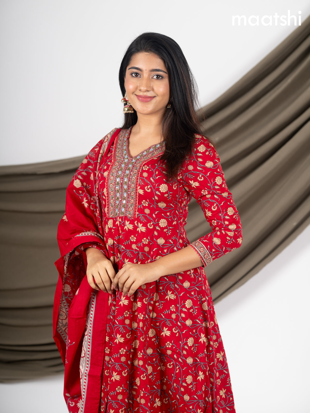 Anarkali salwar suit red with allover prints & beaded sequin work neck pattern and straight cut pant & dupatta