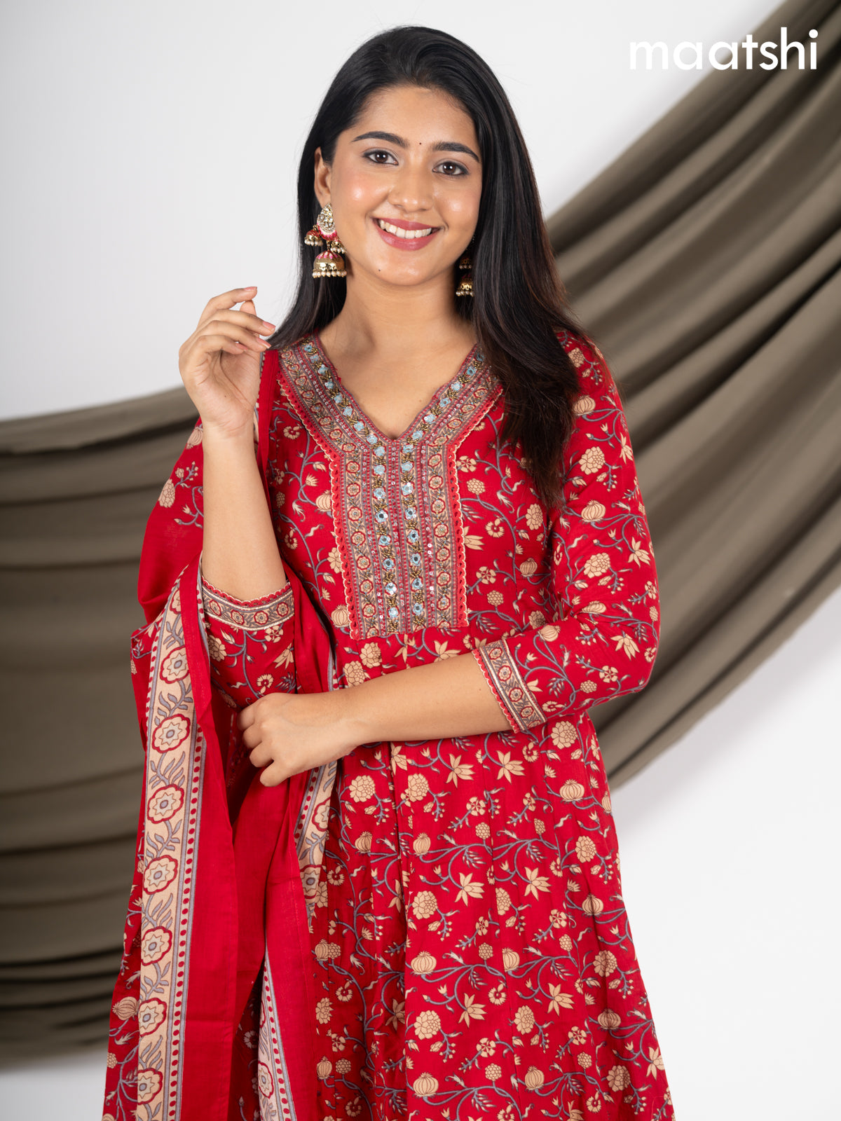 Anarkali salwar suit red with allover prints & beaded sequin work neck pattern and straight cut pant & dupatta