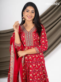 Anarkali salwar suit red with allover prints & beaded sequin work neck pattern and straight cut pant & dupatta