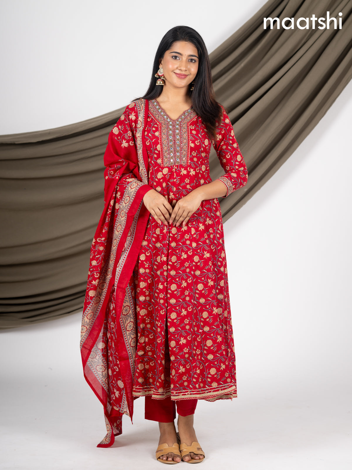Anarkali salwar suit red with allover prints & beaded sequin work neck pattern and straight cut pant & dupatta