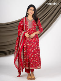 Anarkali salwar suit red with allover prints & beaded sequin work neck pattern and straight cut pant & dupatta