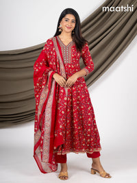 Anarkali salwar suit red with allover prints & beaded sequin work neck pattern and straight cut pant & dupatta