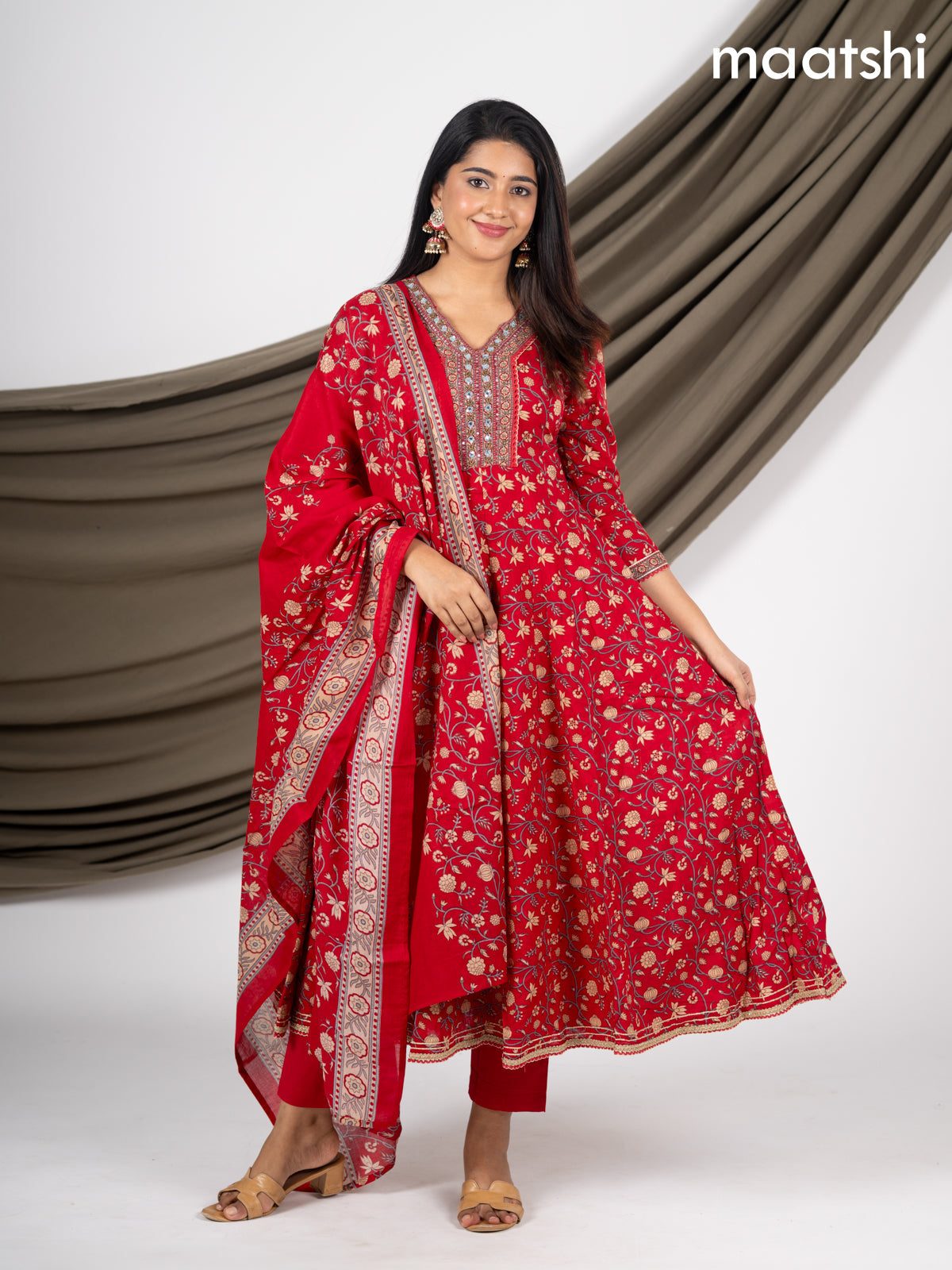 Anarkali salwar suit red with allover prints & beaded sequin work neck pattern and straight cut pant & dupatta