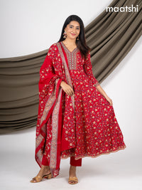Anarkali salwar suit red with allover prints & beaded sequin work neck pattern and straight cut pant & dupatta