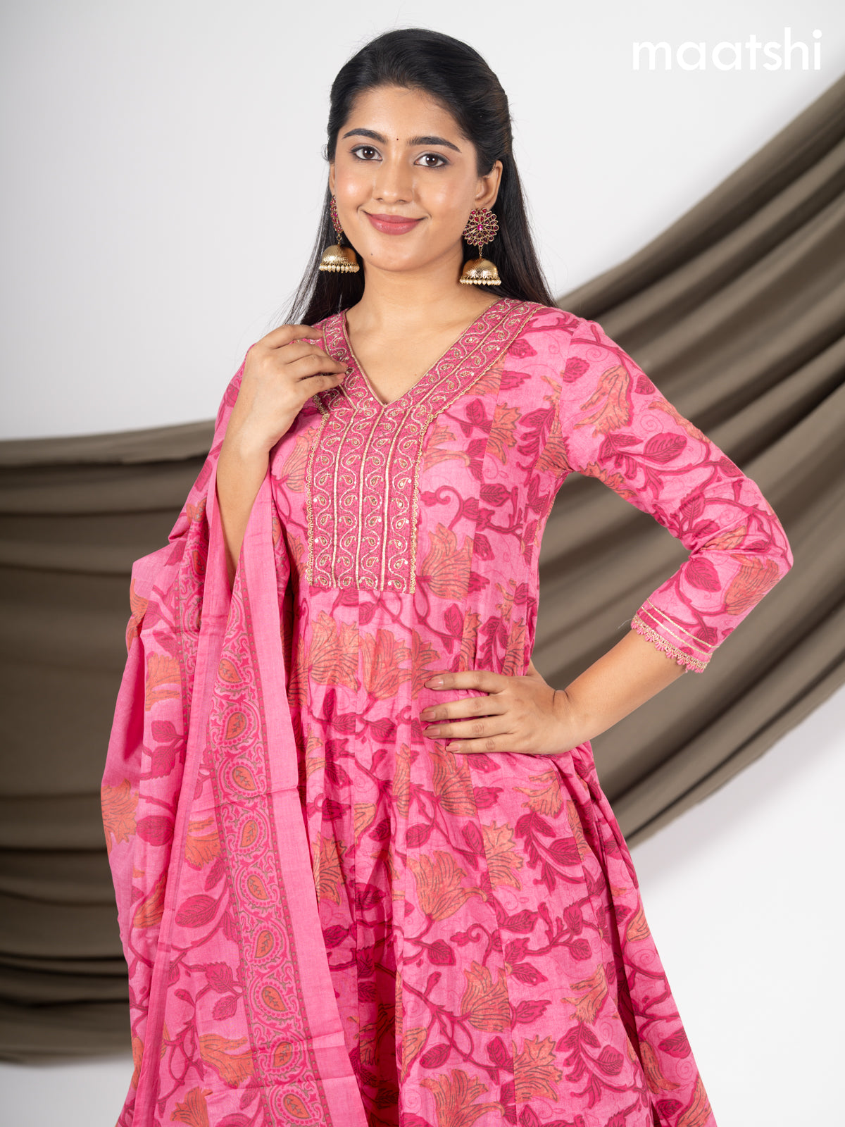 Anarkali salwar suit pink with allover floral prints & beaded sequin work neck pattern and straight cut pant & dupatta