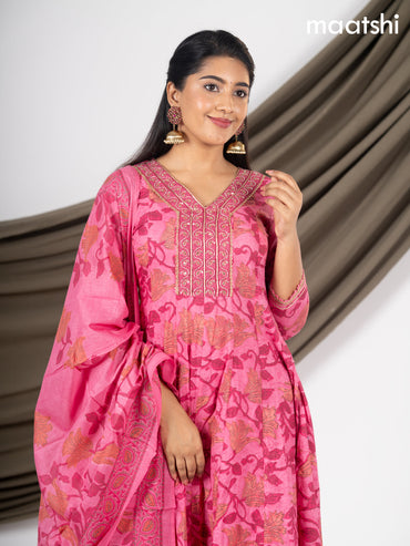 Anarkali salwar suit pink with allover floral prints & beaded sequin work neck pattern and straight cut pant & dupatta