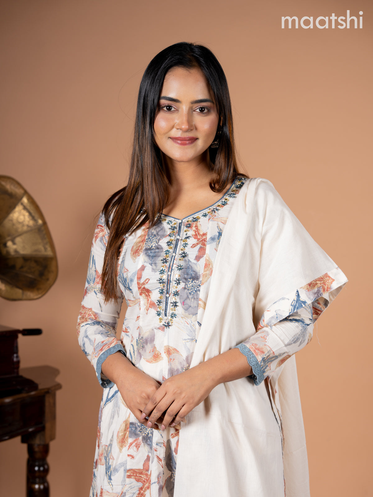 Anarkali salwar suit cream and grey shade with allover floral prints & embroidery beaded neck pattern and straight cut pant & dupatta