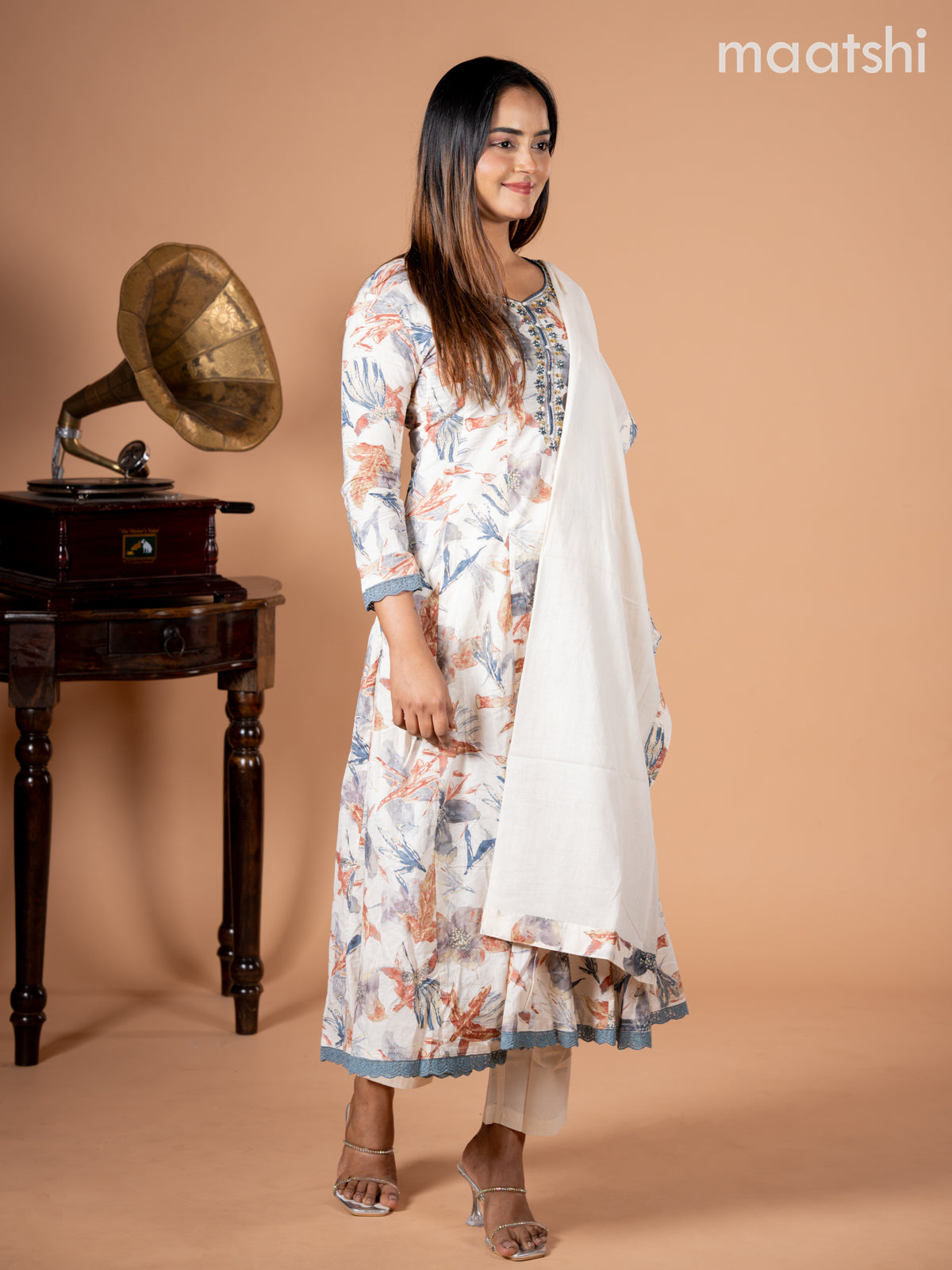 Anarkali salwar suit cream and grey shade with allover floral prints & embroidery beaded neck pattern and straight cut pant & dupatta