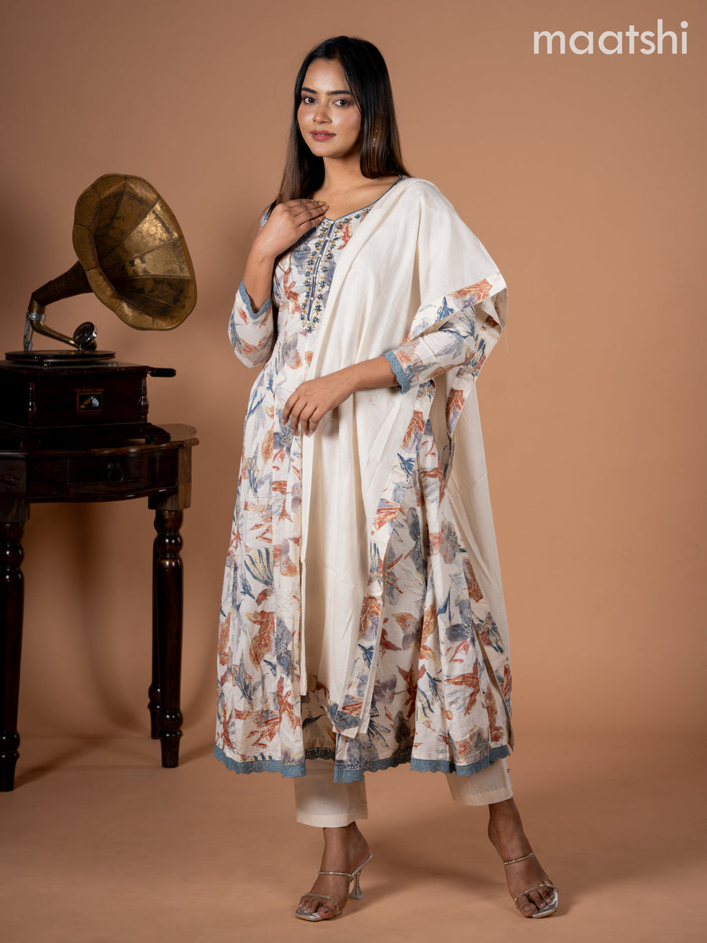 Anarkali salwar suit cream and grey shade with allover floral prints & embroidery beaded neck pattern and straight cut pant & dupatta