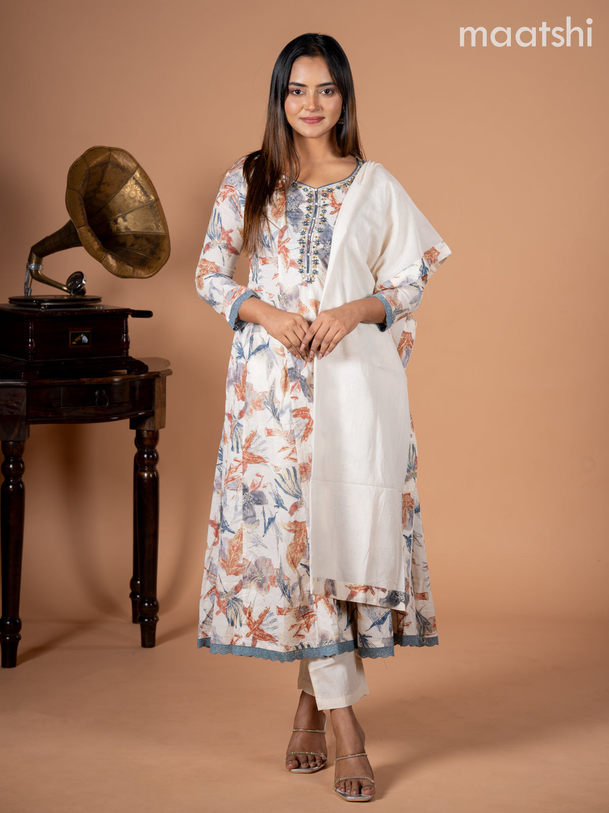 Anarkali salwar suit cream and grey shade with allover floral prints & embroidery beaded neck pattern and straight cut pant & dupatta