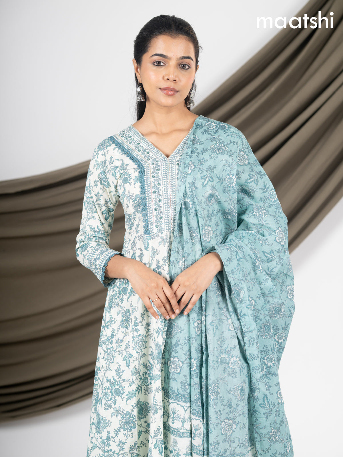 Anarkali salwar suit off white and peacock green shade with allover floral prints & crocia lace work neck pattern and straight cut pant & dupatta