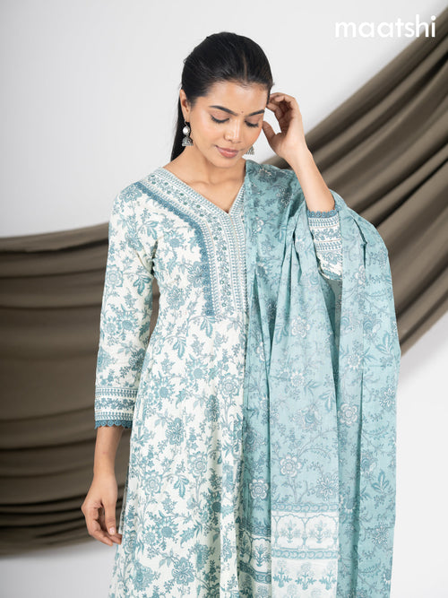 Anarkali salwar suit off white and peacock green shade with allover floral prints & crocia lace work neck pattern and straight cut pant & dupatta