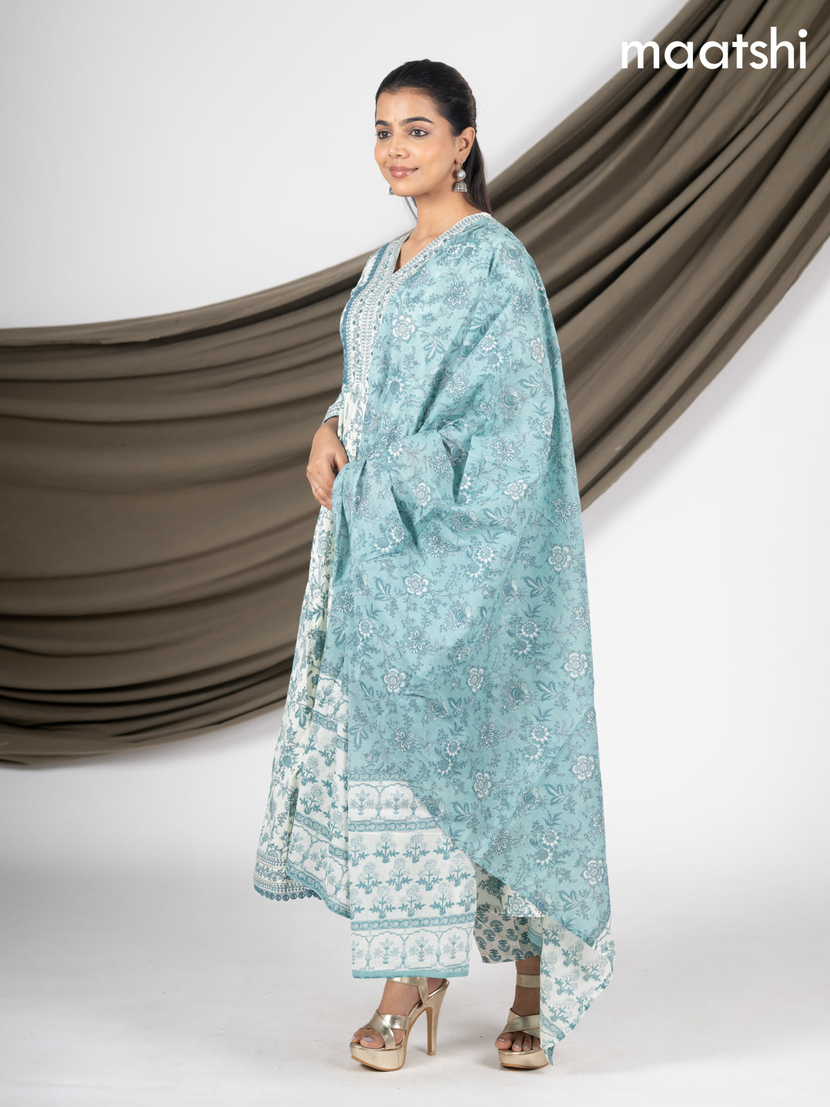 Anarkali salwar suit off white and peacock green shade with allover floral prints & crocia lace work neck pattern and straight cut pant & dupatta